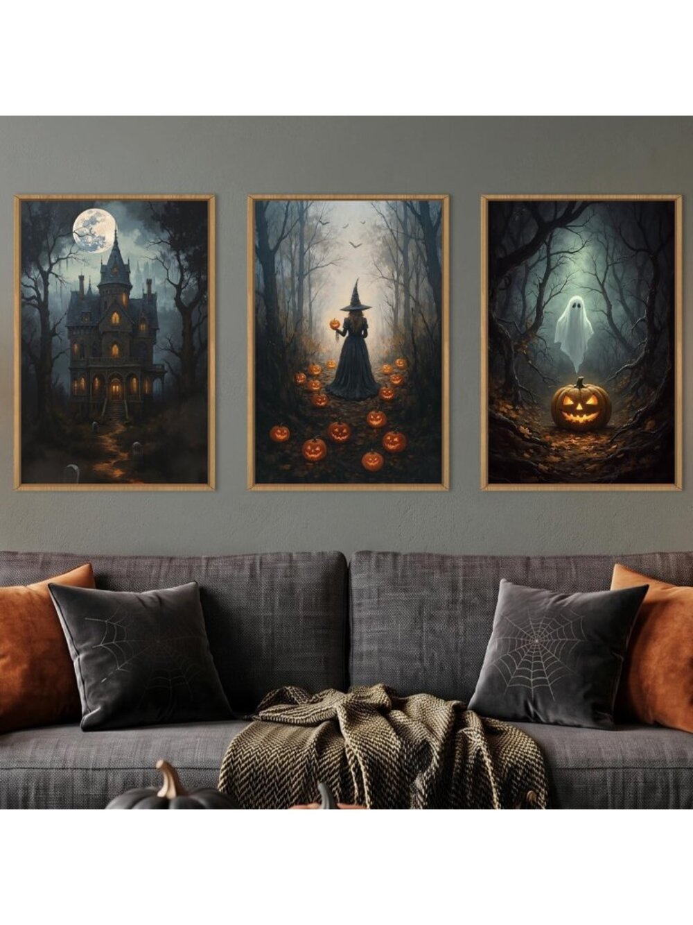 Spooky Halloween Moon Castle Canvas Art Set - Witch, Ghost & Pumpkin Decor for
